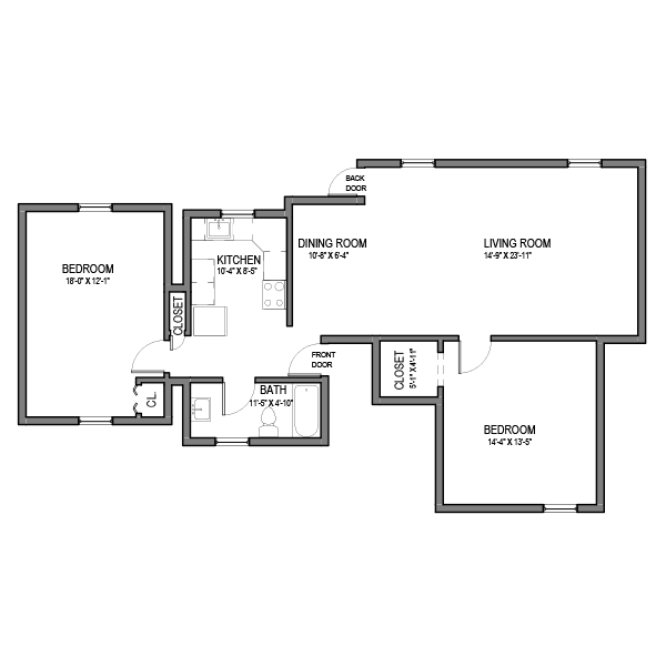 Floor plan for 2 beds, 1 bath, 1020 sqft